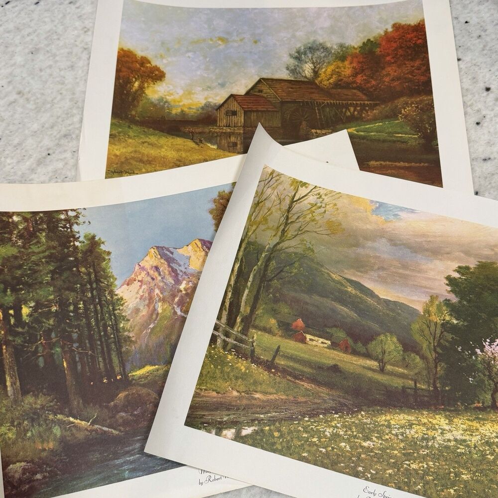 Lot 3 Robert Woods Litho Prints Early Spring Majestic Peaks Mill Stream Vintage